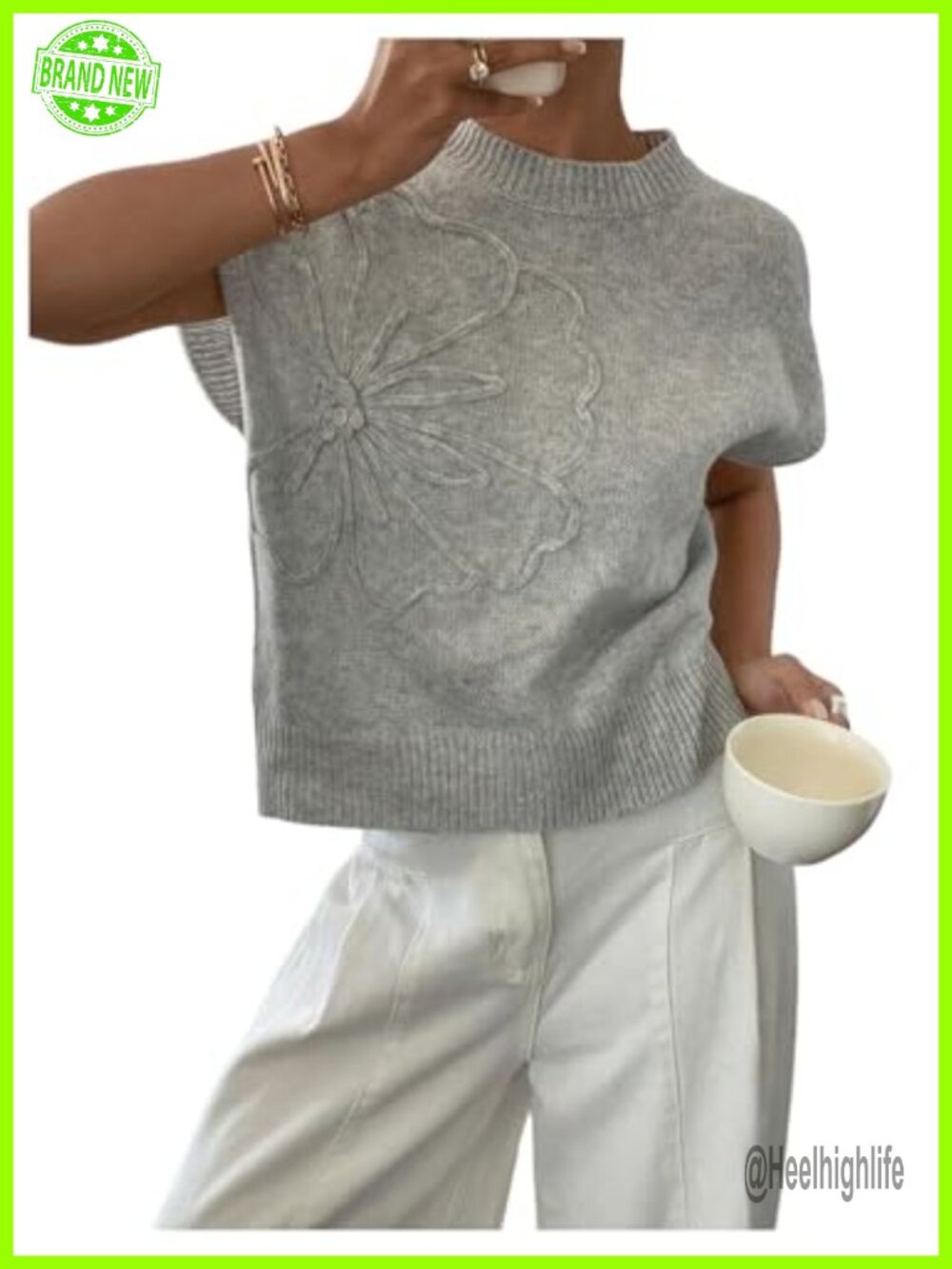 Women's short sleeve 3d floral crochet knit sweater crew neck pullover